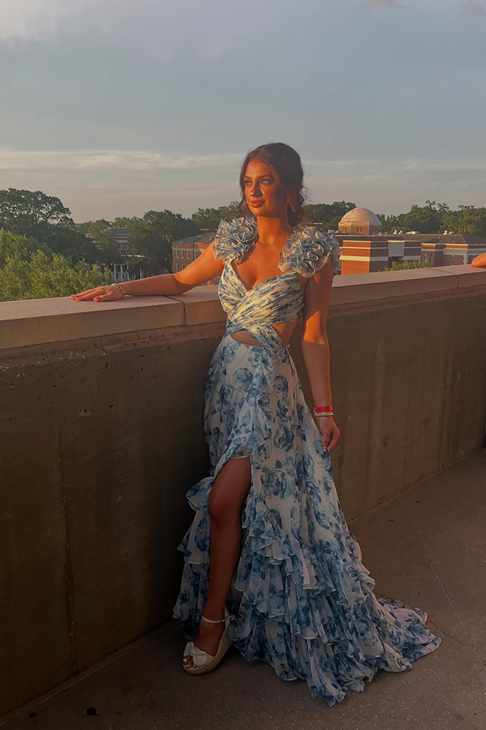 Blue Flower A Line Ruffled Tiered Long Prom Dress with Slit