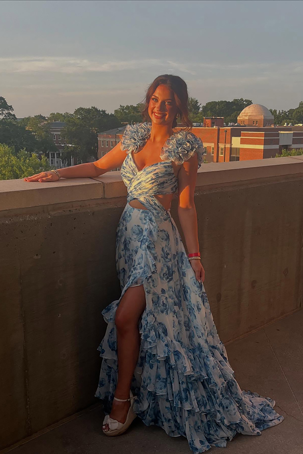 Blue Flower A Line Ruffled Tiered Long Prom Dress with Slit