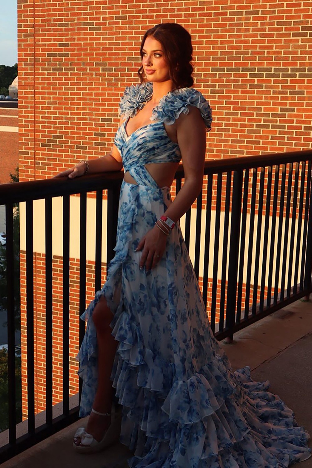 Blue Flower A Line Ruffled Tiered Long Prom Dress with Slit
