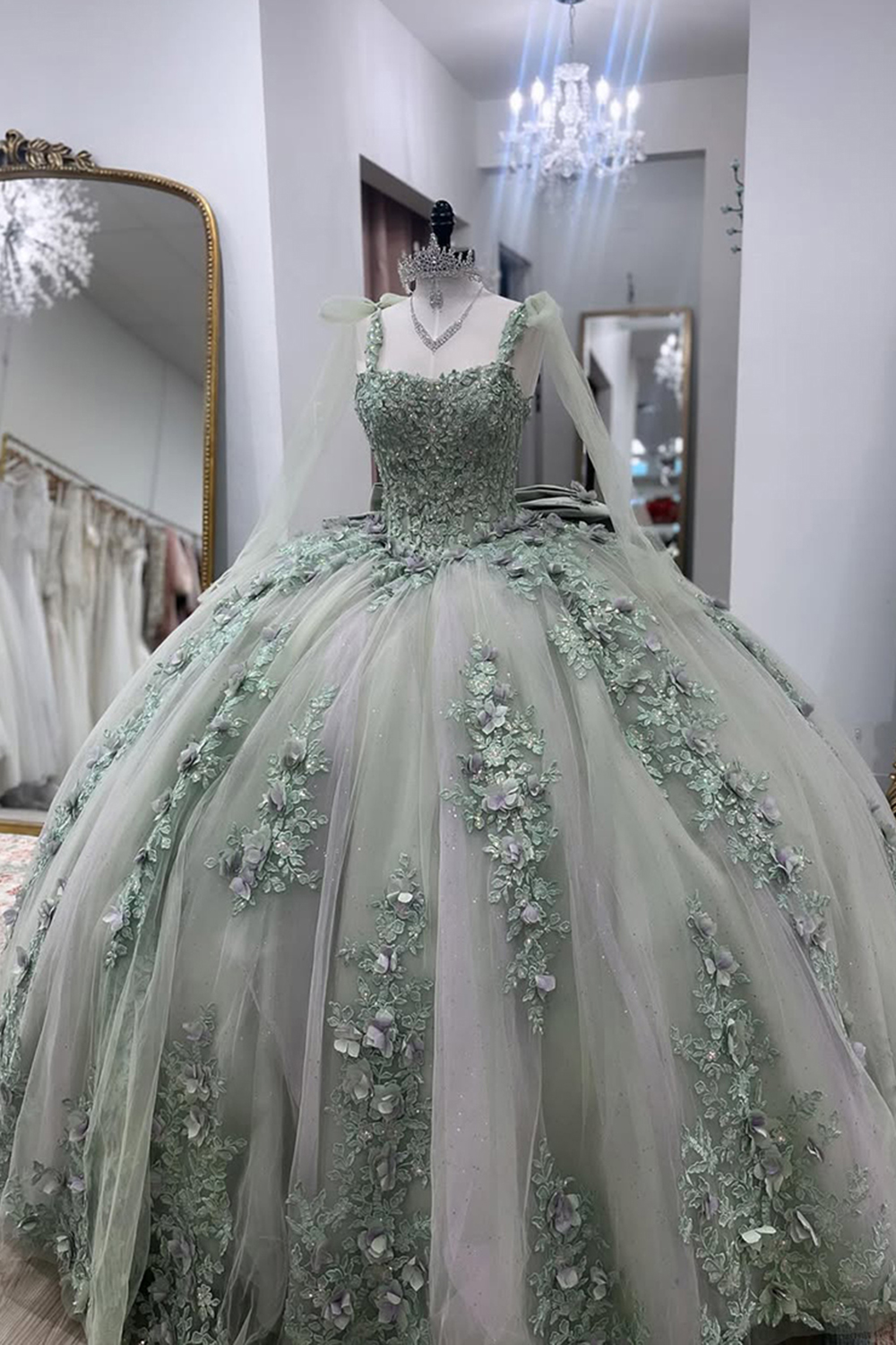 Sparkly Grey Green Spaghetti Straps Sequins Appliques Ball Gown Floral Quinceanera Dress with Bow