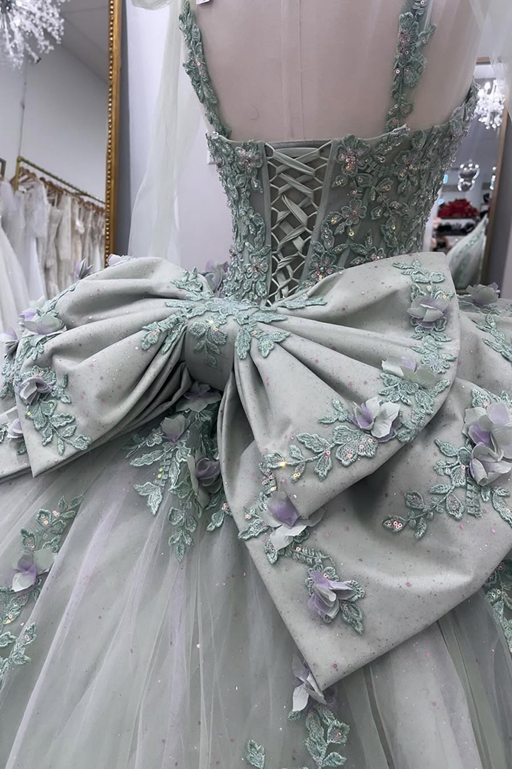 Sparkly Grey Green Spaghetti Straps Sequins Appliques Ball Gown Floral Quinceanera Dress with Bow