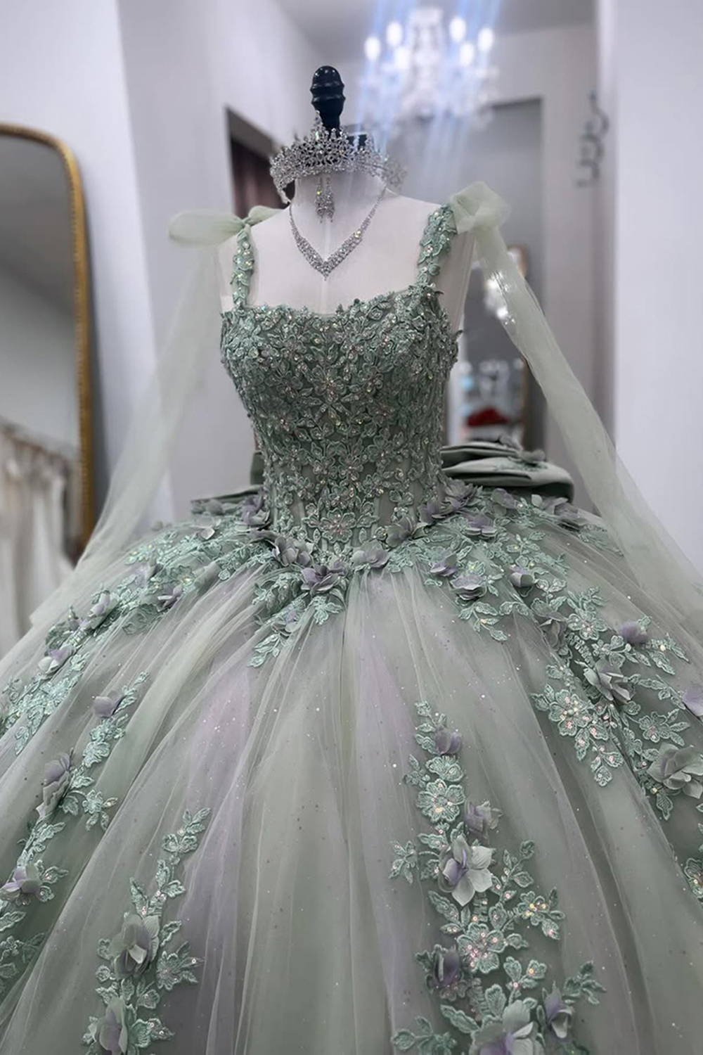 Sparkly Grey Green Spaghetti Straps Sequins Appliques Ball Gown Floral Quinceanera Dress with Bow
