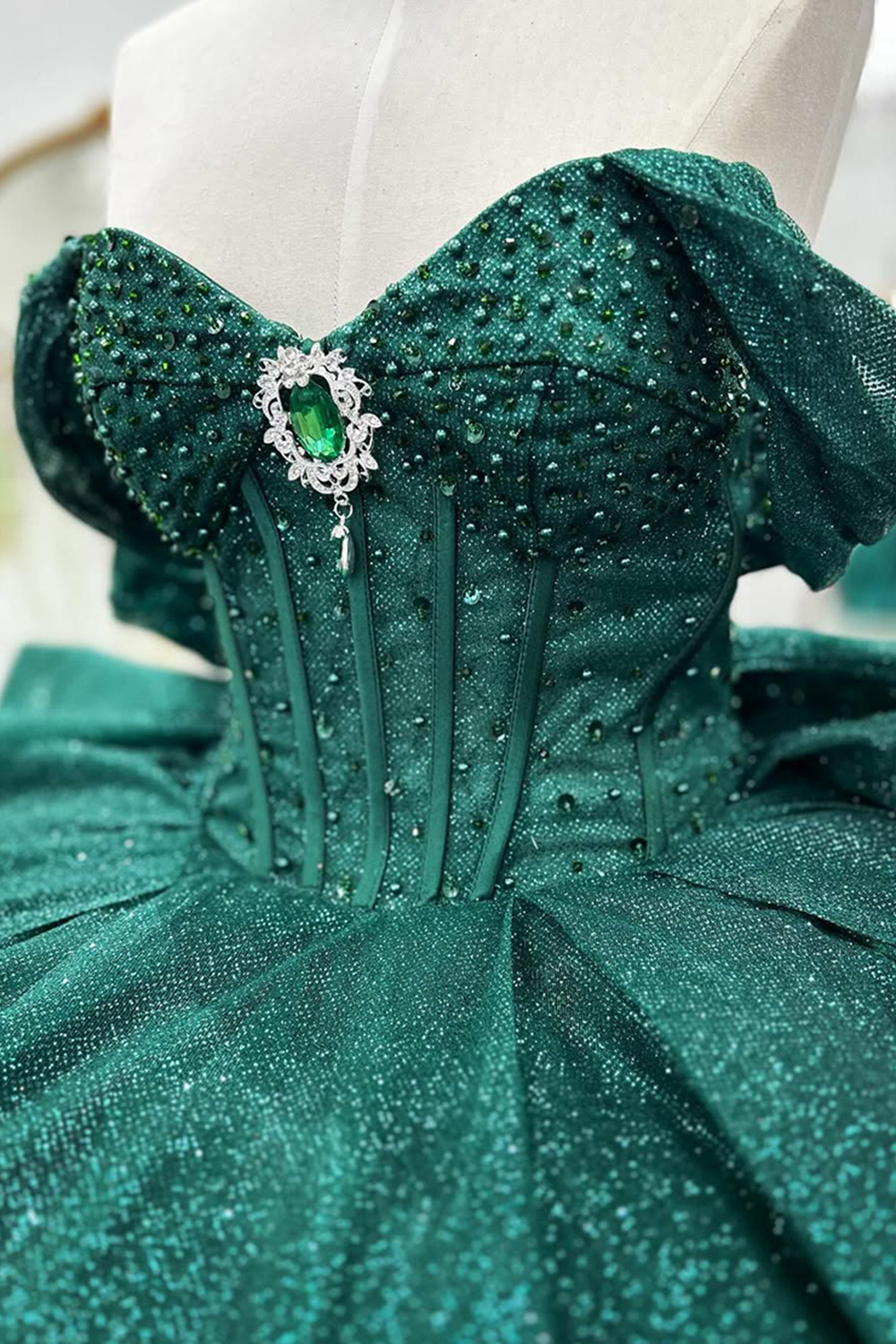Sparkly Dark Green Sweetheart Corset Ball Gown Bedaed Quinceanera Dress with Bow