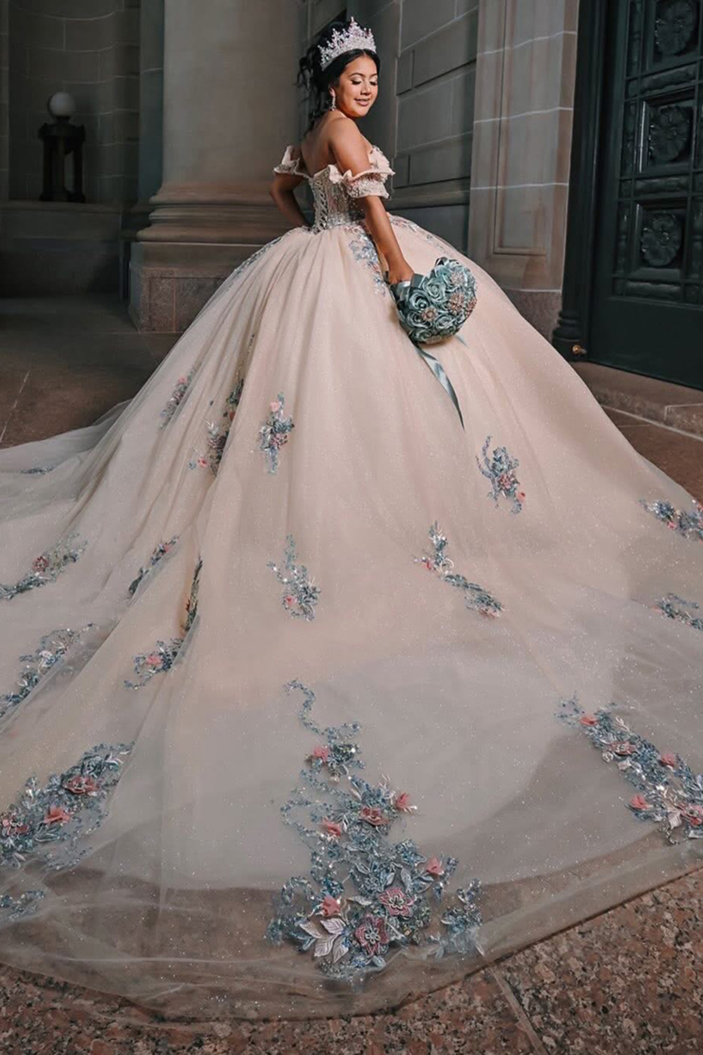 Sparkly Blush Off the Shoulder Corset Ball Gown Beaded Quinceanera Dress with Appliques