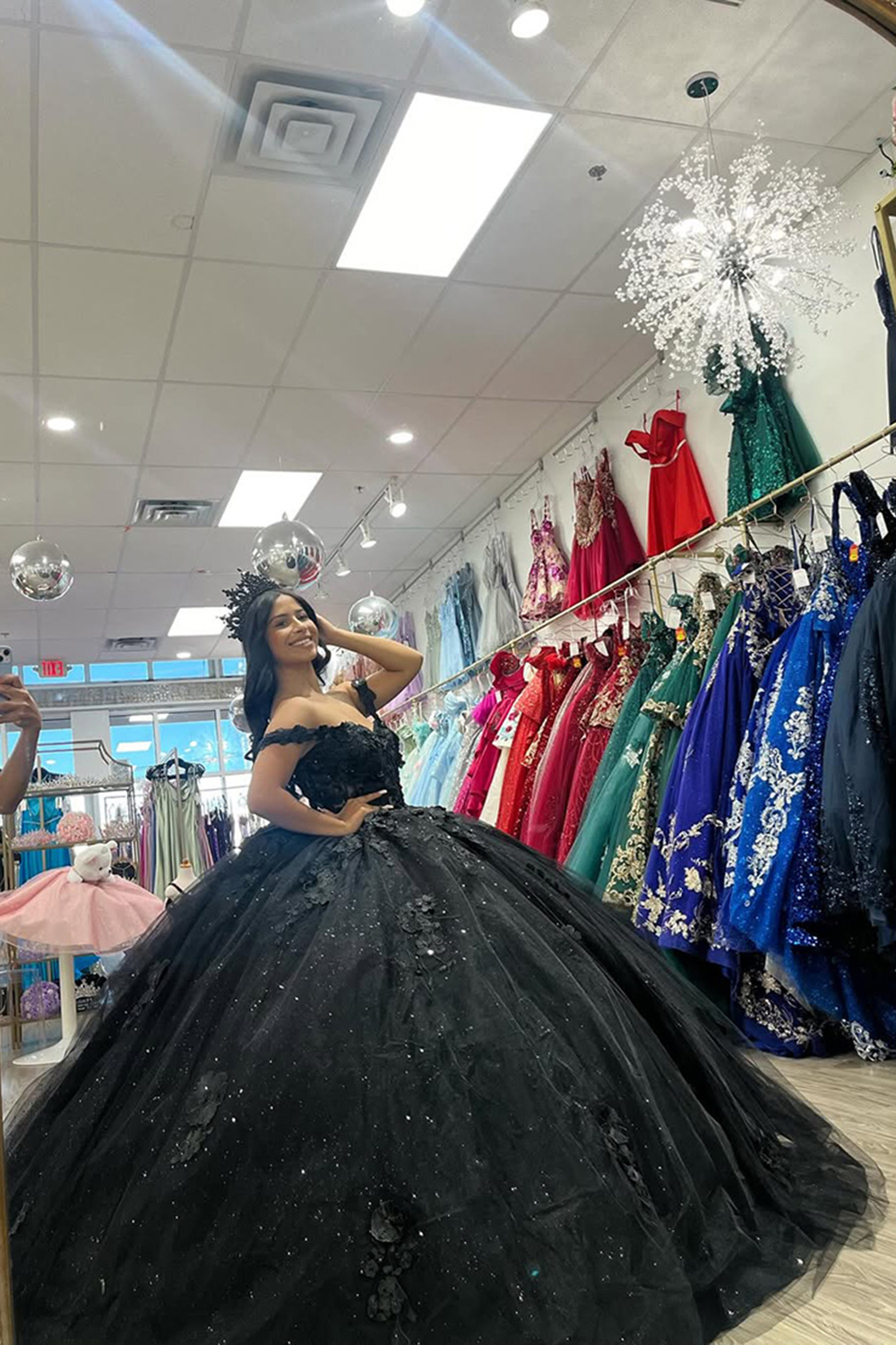 Sparkly Black Off the Shoulder Corset Ball Gown Beaded Appliques Quinceanera Dress with Bow