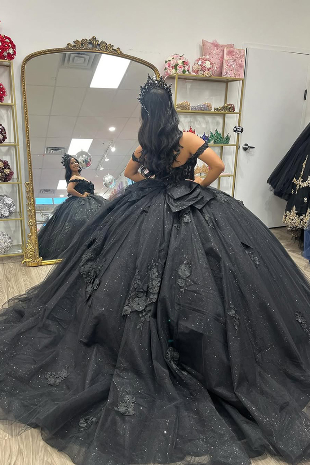 Sparkly Black Off the Shoulder Corset Ball Gown Beaded Appliques Quinceanera Dress with Bow