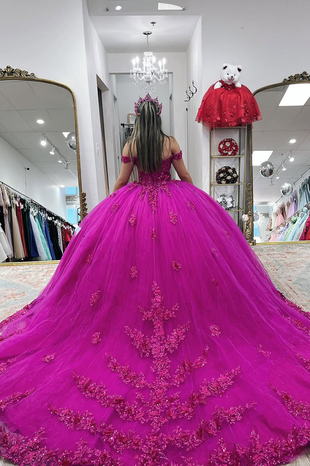 Sparkly Fuchsia Off the Shoulder Corset Ball Gown Beaded Quinceanera Dress with Appliques