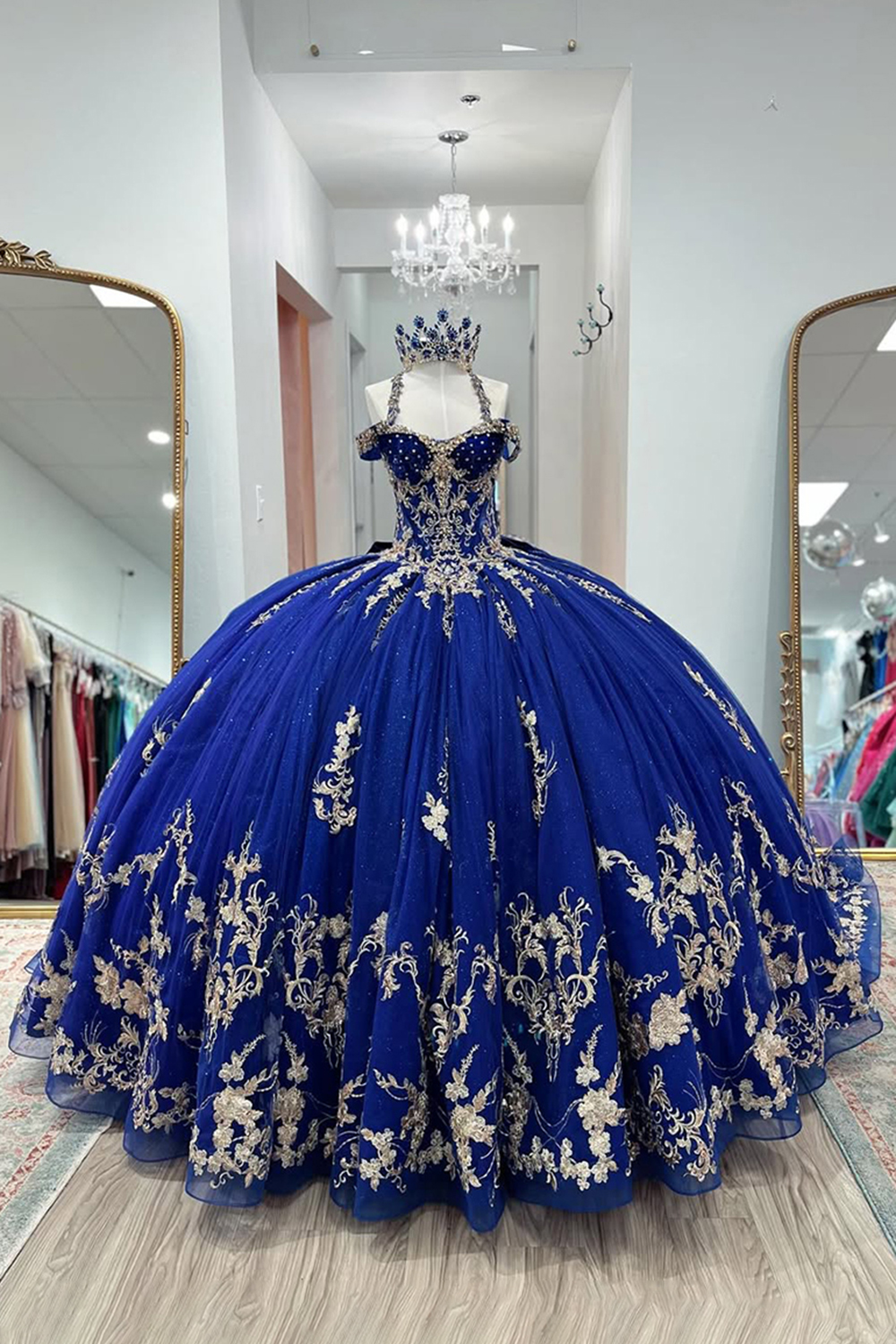 Sparkly Royal Blue Corset Ball Gown Beaded Long Quinceanera Dress with Appliques