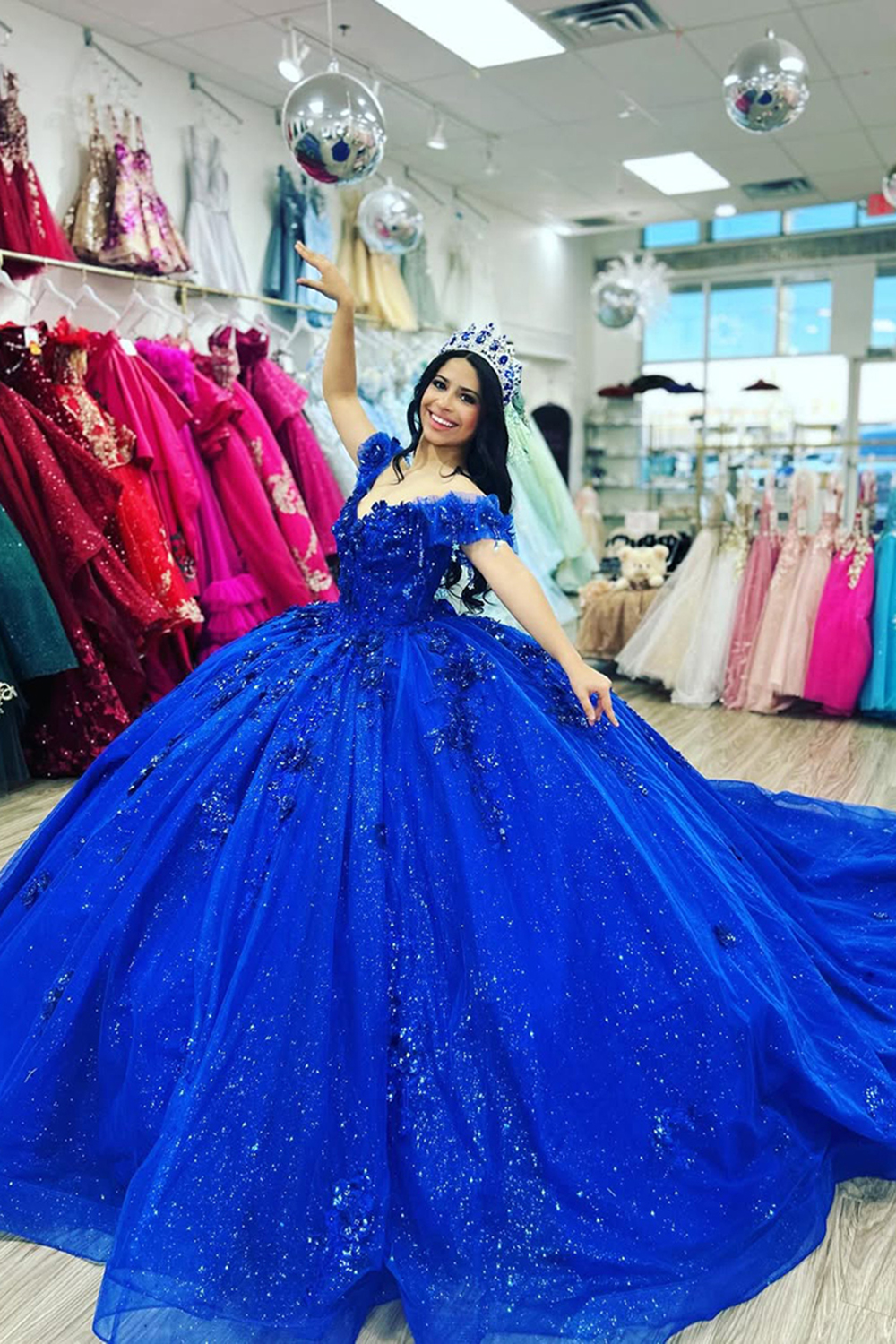 Sparkly Royal Blue Off the Shoulder Beaded Ball Gown Floral Long Quinceanera Dress with Appliques
