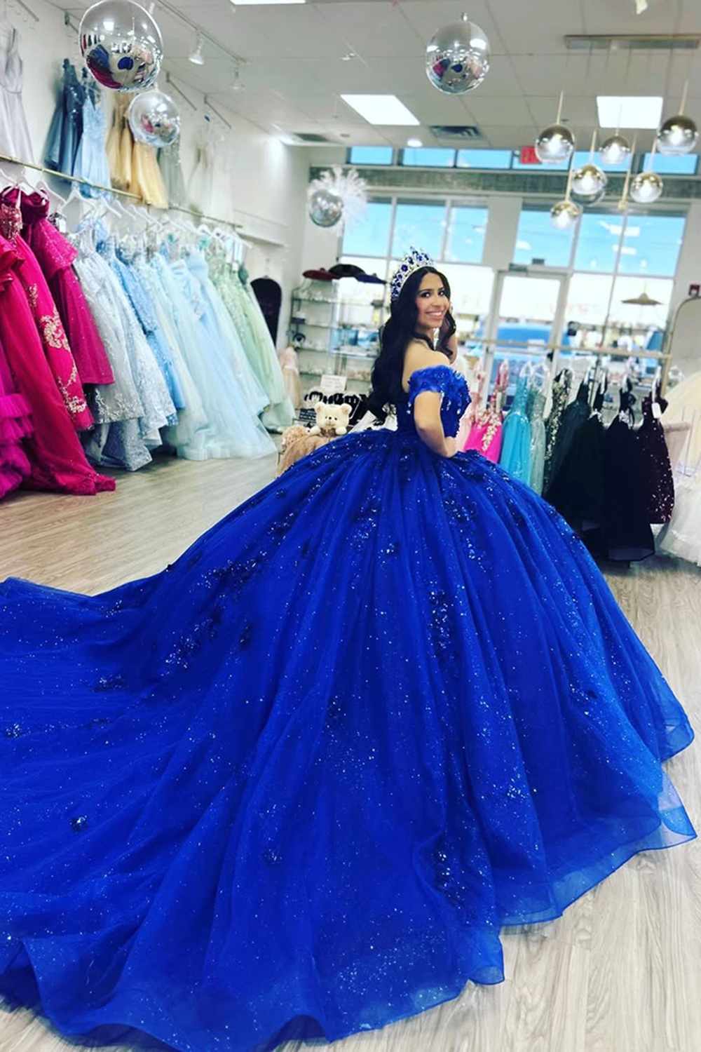 Sparkly Royal Blue Off the Shoulder Beaded Ball Gown Floral Long Quinceanera Dress with Appliques