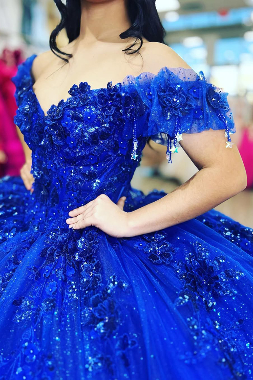 Sparkly Royal Blue Off the Shoulder Beaded Ball Gown Floral Long Quinceanera Dress with Appliques