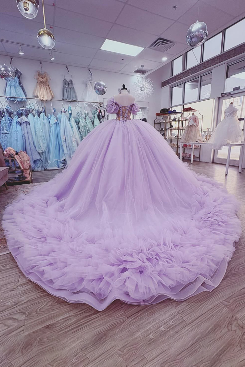 Sparkly Lilac Corset Beaded Ball Gown Floral Long Quinceanera Dress with Appliques