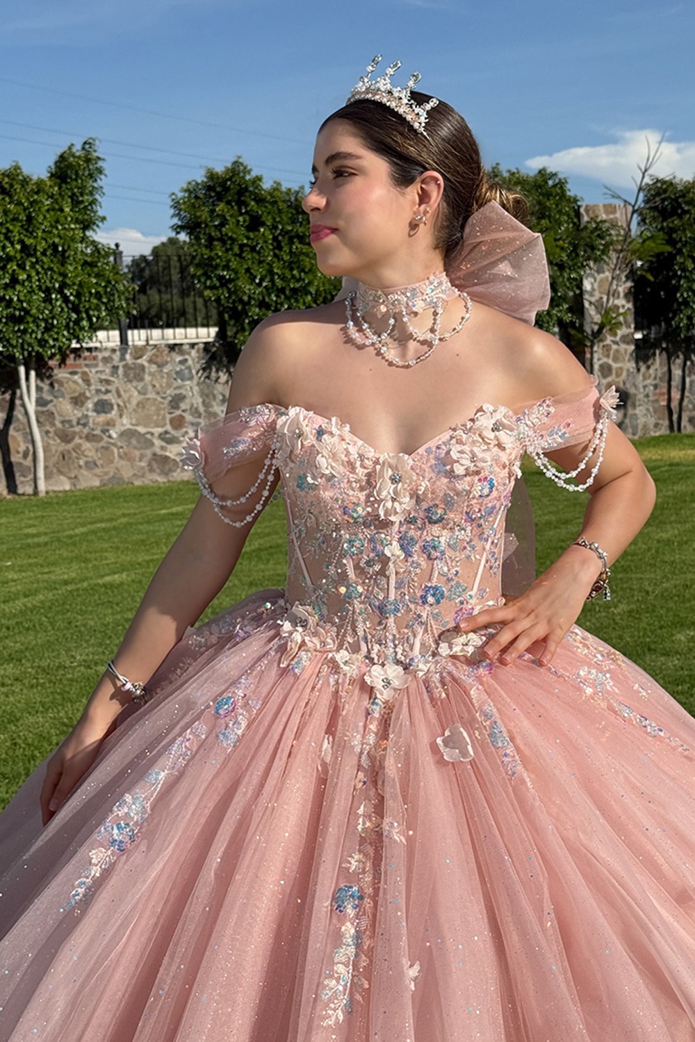 Sparkly Pink Off the Shoulder Beaded Ball Gown Corset Tulle Floral Quinceanera Dress with Appliques