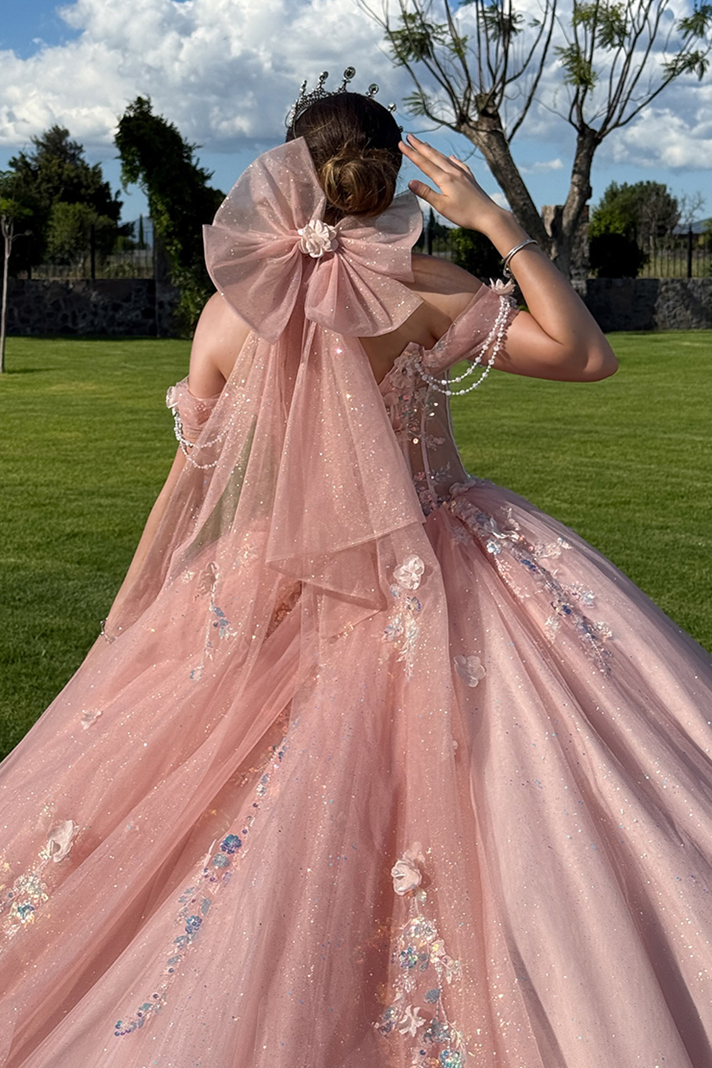 Sparkly Pink Off the Shoulder Beaded Ball Gown Corset Tulle Floral Quinceanera Dress with Appliques