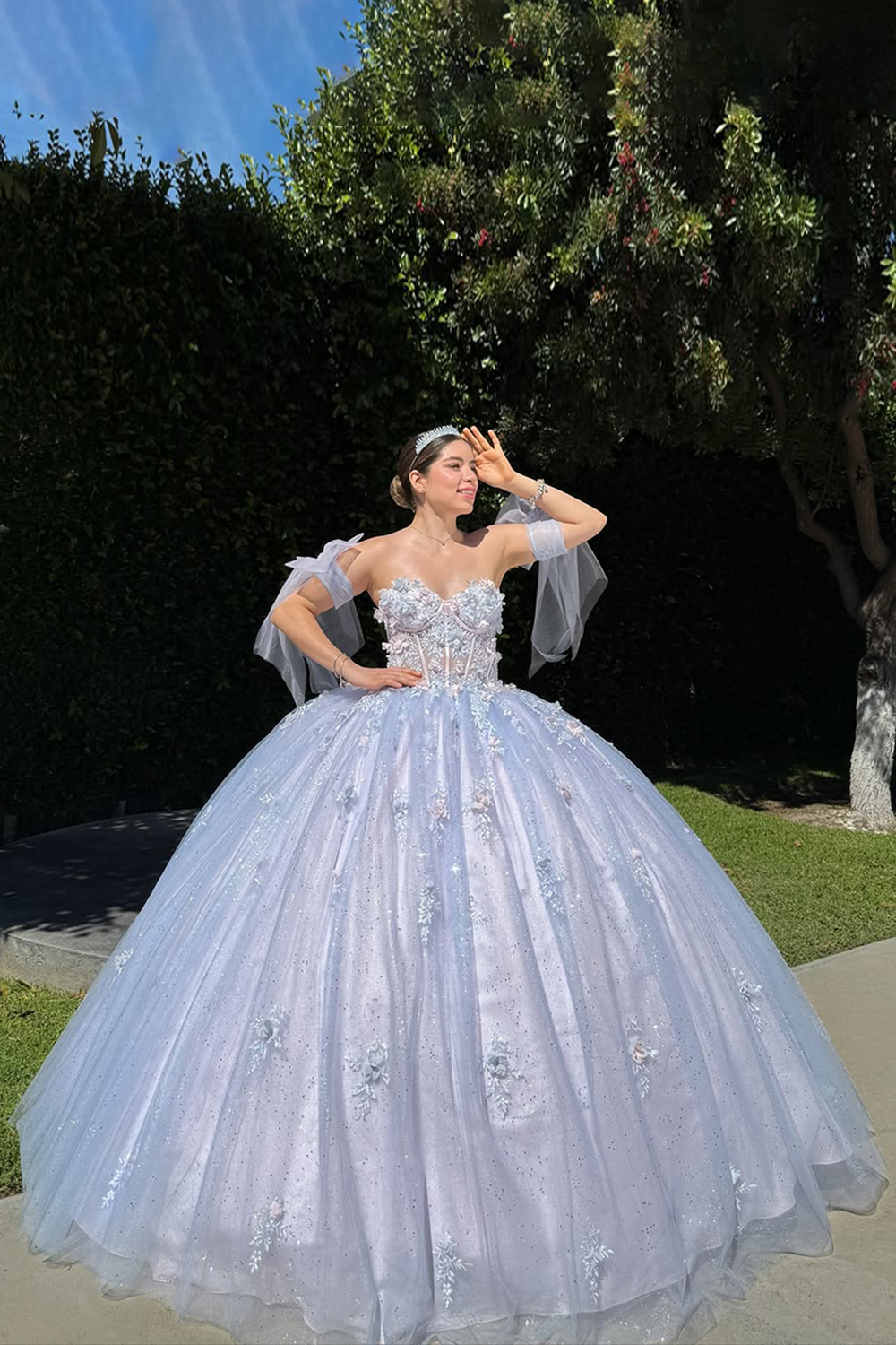 Sparkly Blue Sweetheart Beaded Ball Gown Corset Tulle 3D Floral Quinceanera Dress with Appliques