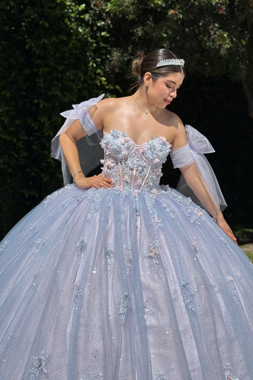 Sparkly Blue Sweetheart Beaded Ball Gown Corset Tulle 3D Floral Quinceanera Dress with Appliques