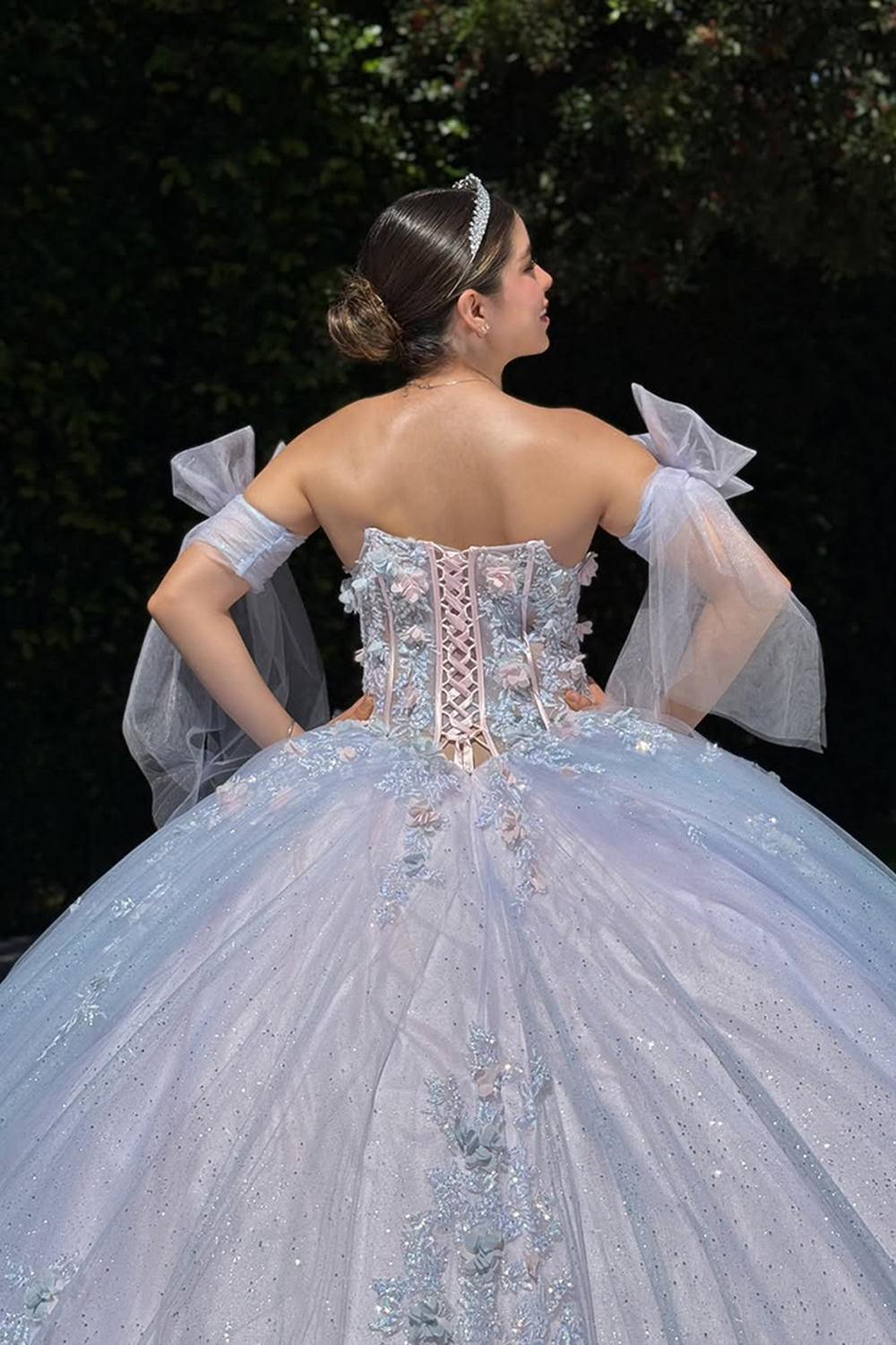 Sparkly Blue Sweetheart Beaded Ball Gown Corset Tulle 3D Floral Quinceanera Dress with Appliques
