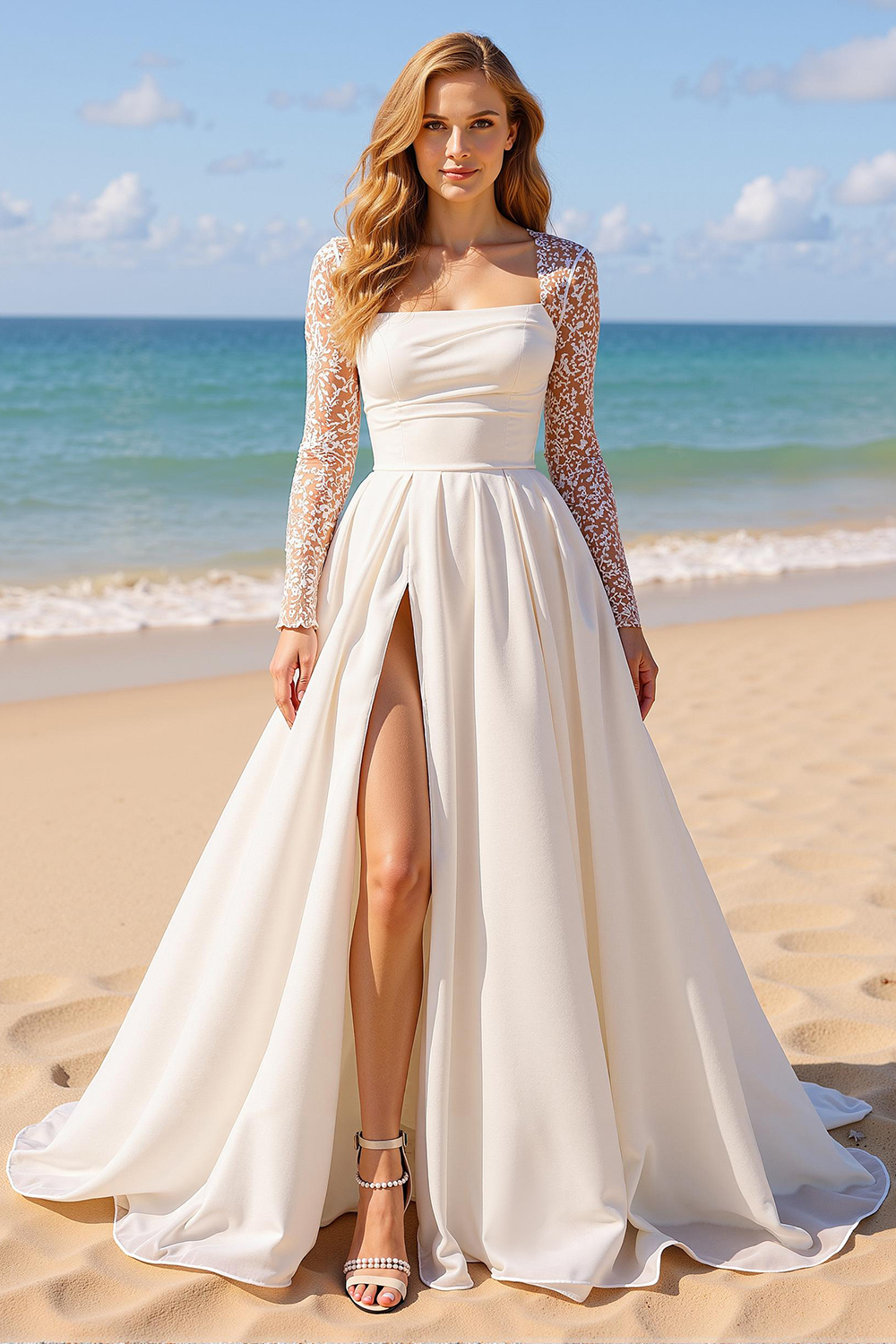 Ivory Square Neck A-Line Long Sleeves Sweep Train Boho Wedding Dress with Slit