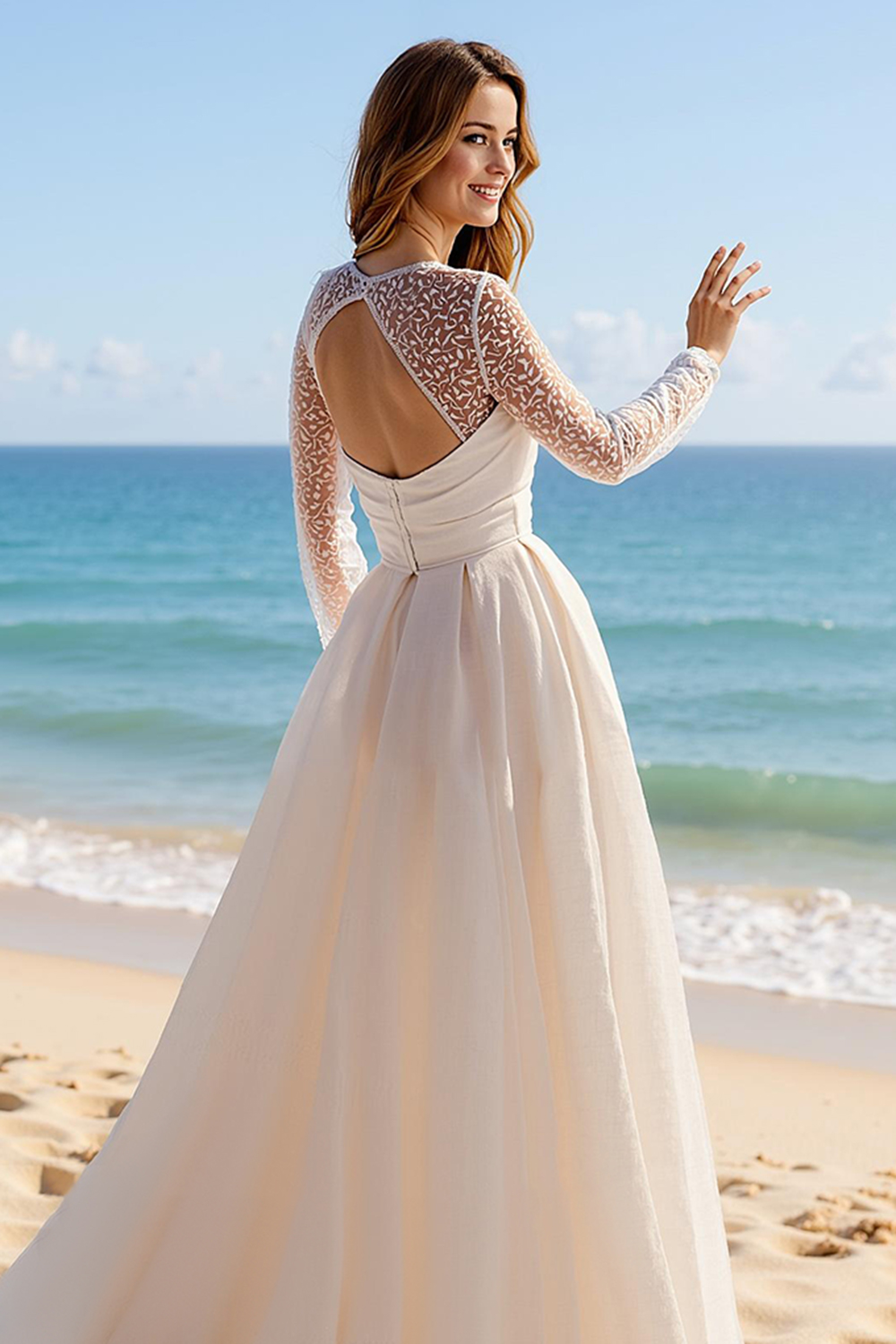 Ivory Square Neck A-Line Long Sleeves Sweep Train Boho Wedding Dress with Slit