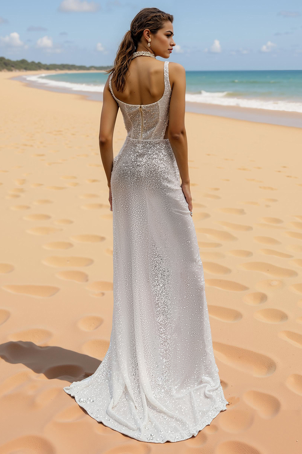 Sparkly Ivory Corset Beaded Sheath Sweep Train Boho Wedding Dress with Slit