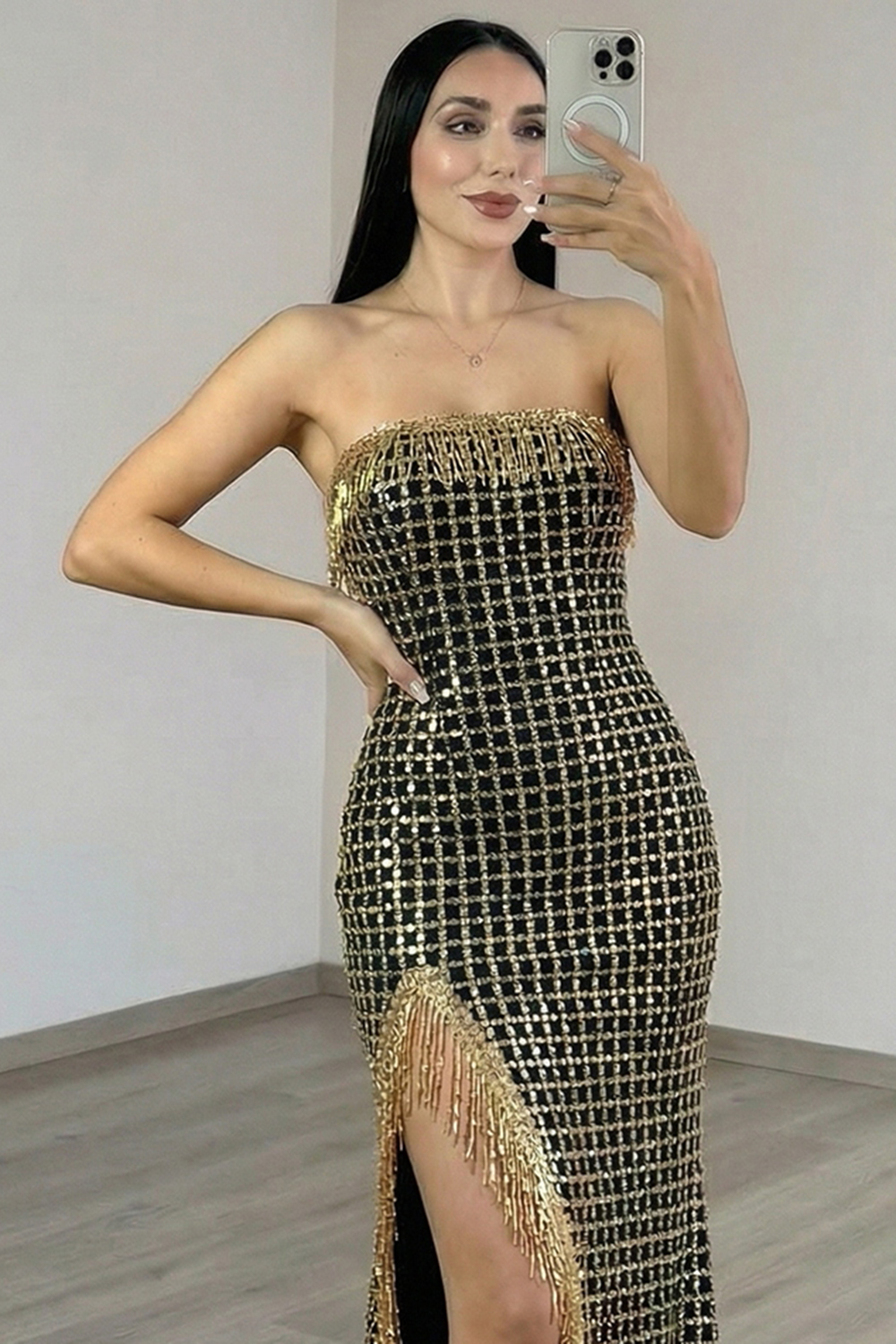 Sparkly Black Golden Beaded Fringed Mermaid Long Prom Dress with Slit