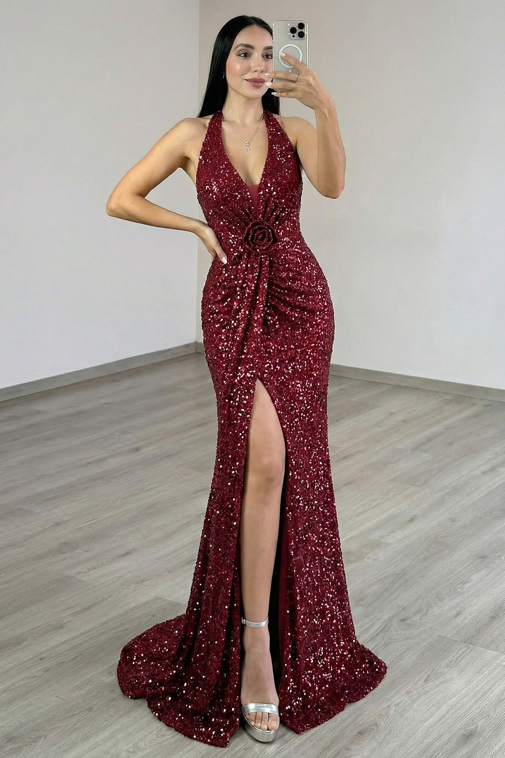 Sparkly Burgundy Sequin Floral Mermaid Long Prom Dress with Slit