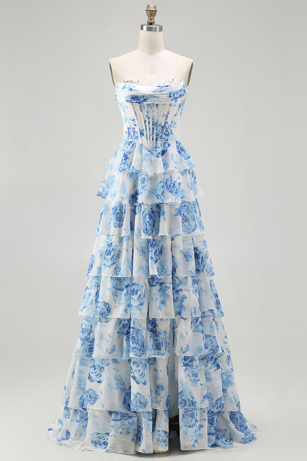 Sparkly White and Pink Ruffled Floral Strapless Corset Long Prom Dress