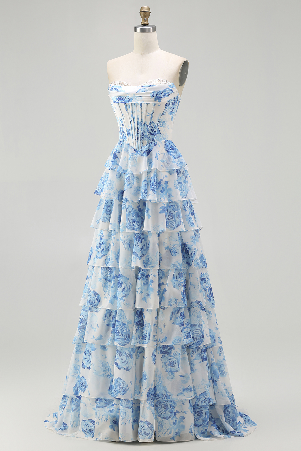 Sparkly White and Pink Ruffled Floral Strapless Corset Long Prom Dress