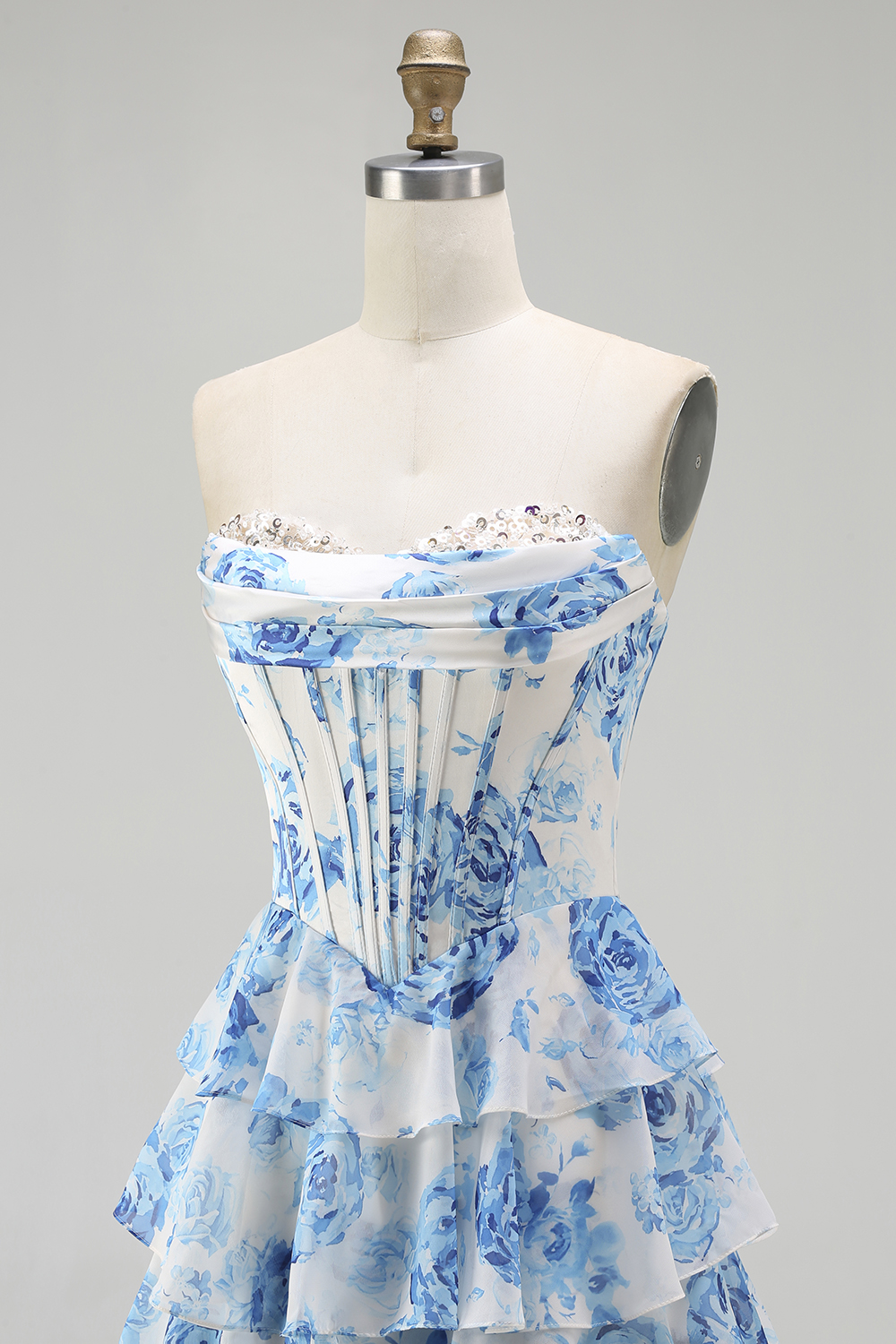 Sparkly White and Pink Ruffled Floral Strapless Corset Long Prom Dress