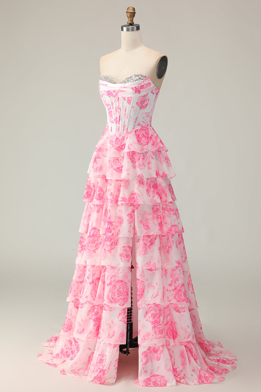 Sparkly White and Pink Ruffled Floral Strapless Corset Long Prom Dress