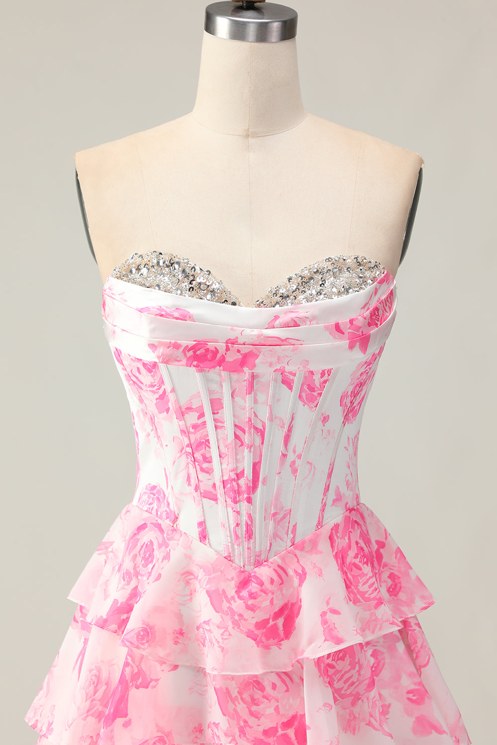 Sparkly White and Pink Ruffled Floral Strapless Corset Long Prom Dress