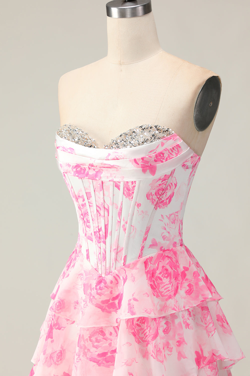 Sparkly White and Pink Ruffled Floral Strapless Corset Long Prom Dress