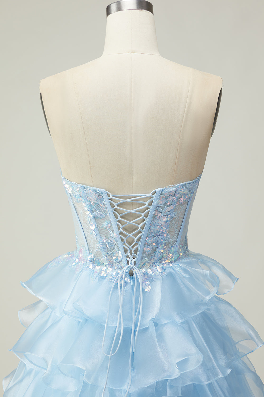 Sparkly Blue Ruffled Corset Sweetheart Long Corset Prom Dress with Sequins