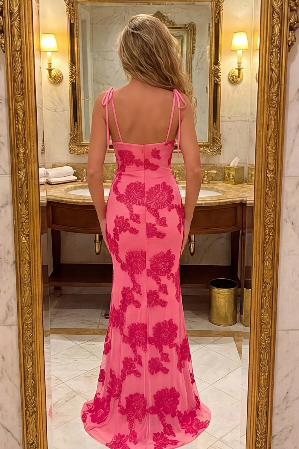 Hot Pink Floral Mermaid Spaghetti Straps Long Prom Dress