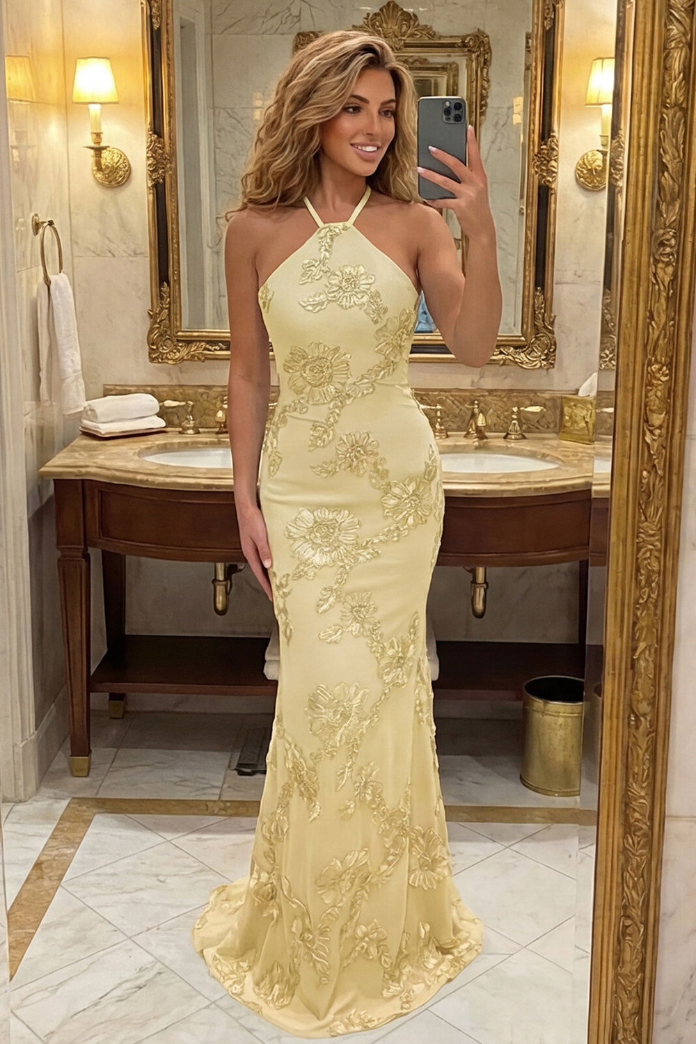 Mermaid Halter Hot Pink Floral Backless Long Prom Dress