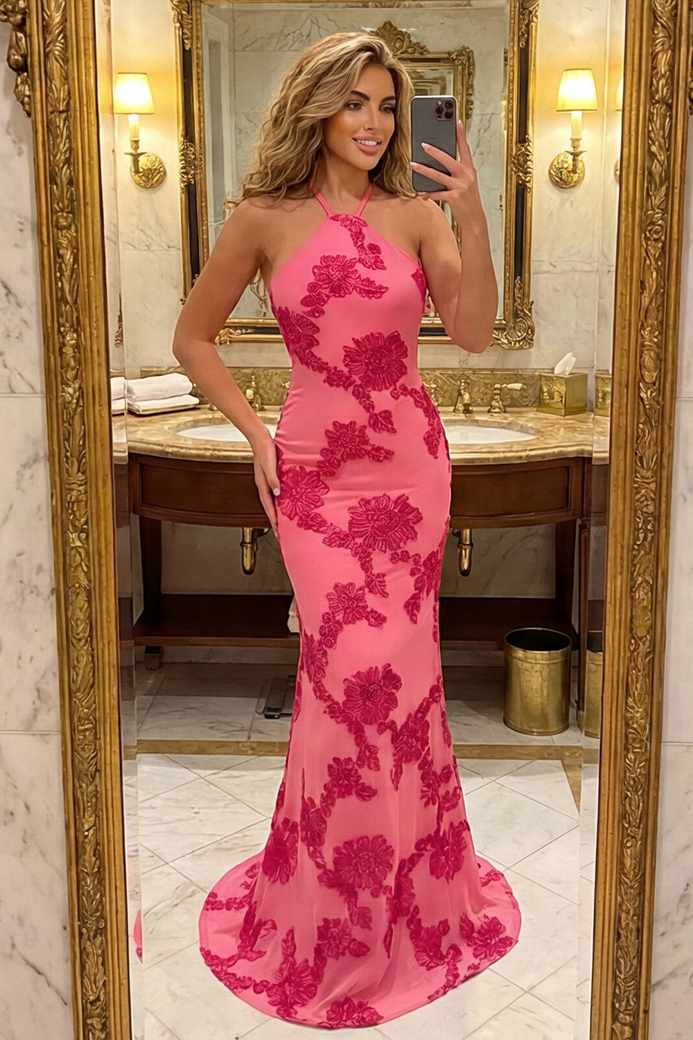 Mermaid Halter Hot Pink Floral Backless Long Prom Dress