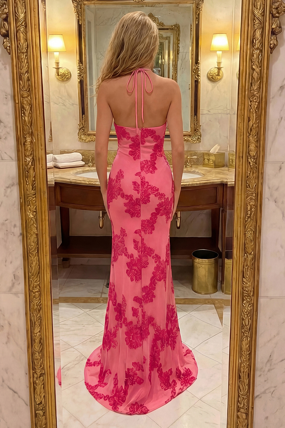 Mermaid Halter Hot Pink Floral Backless Long Prom Dress