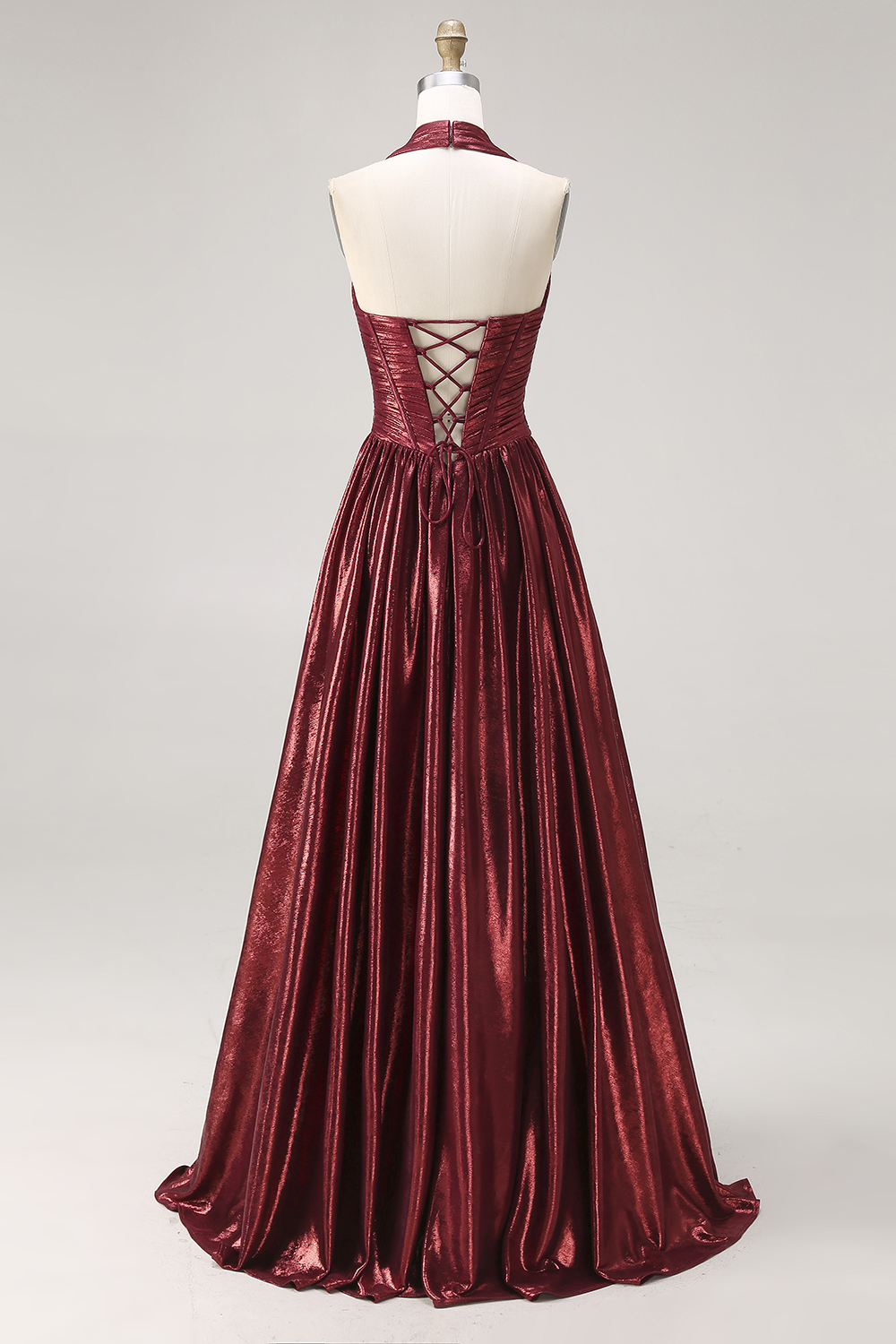 Burgundy Metallic Halter A Line Long Corset Prom Dress with Slit