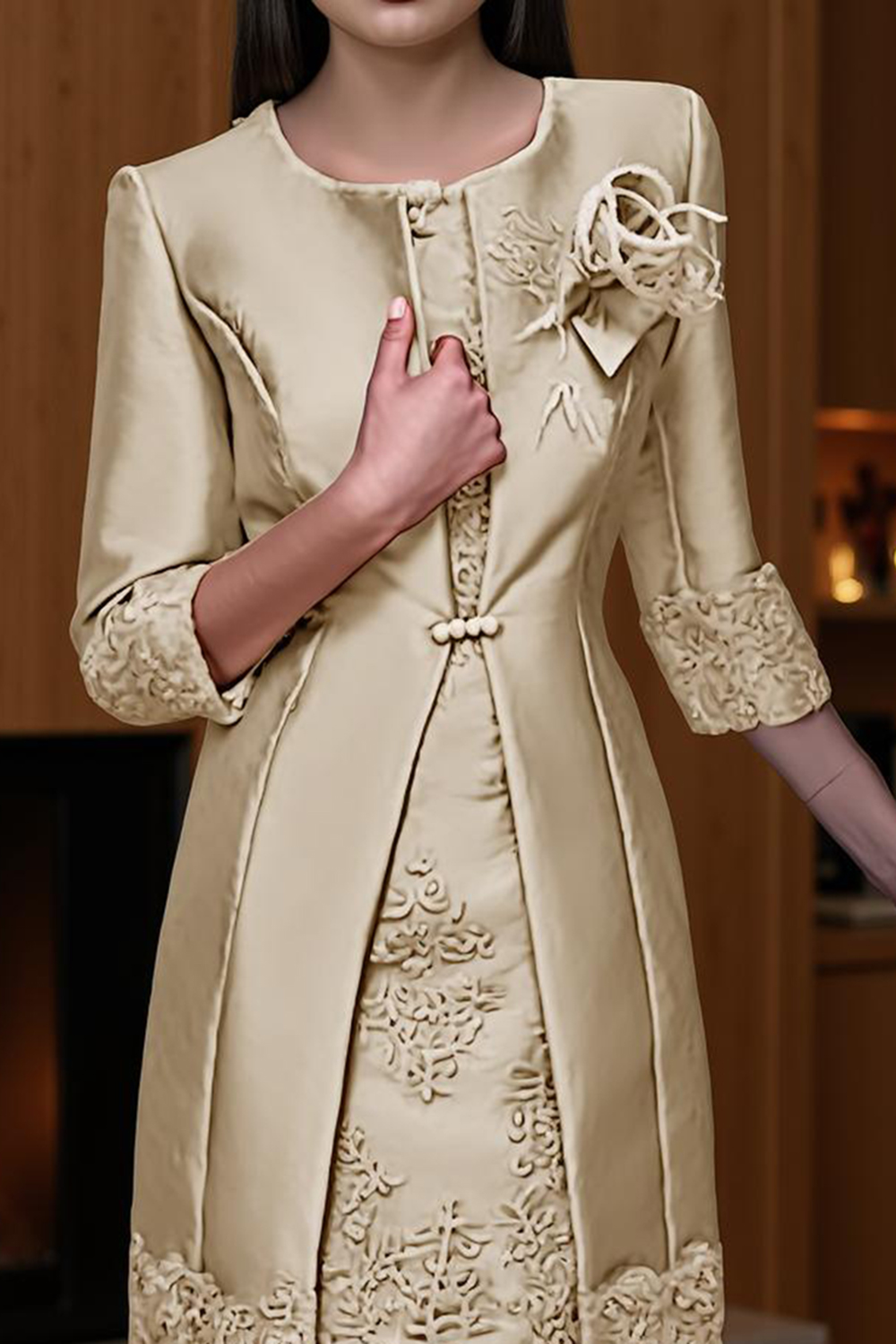 Champagne Sheath Boat Neck 2-Piece Knee-Length Mother of the Bride Dress with Jacket