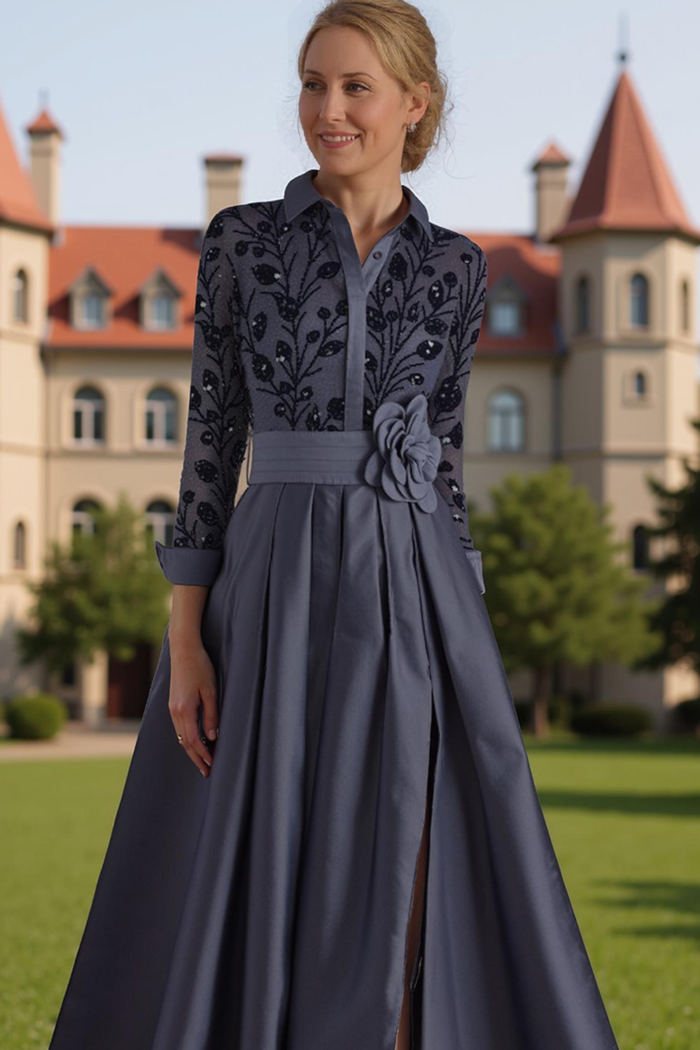 Silver Lapel Floral A Line Floor-Length Mother of the Bride Dress with Sleeves