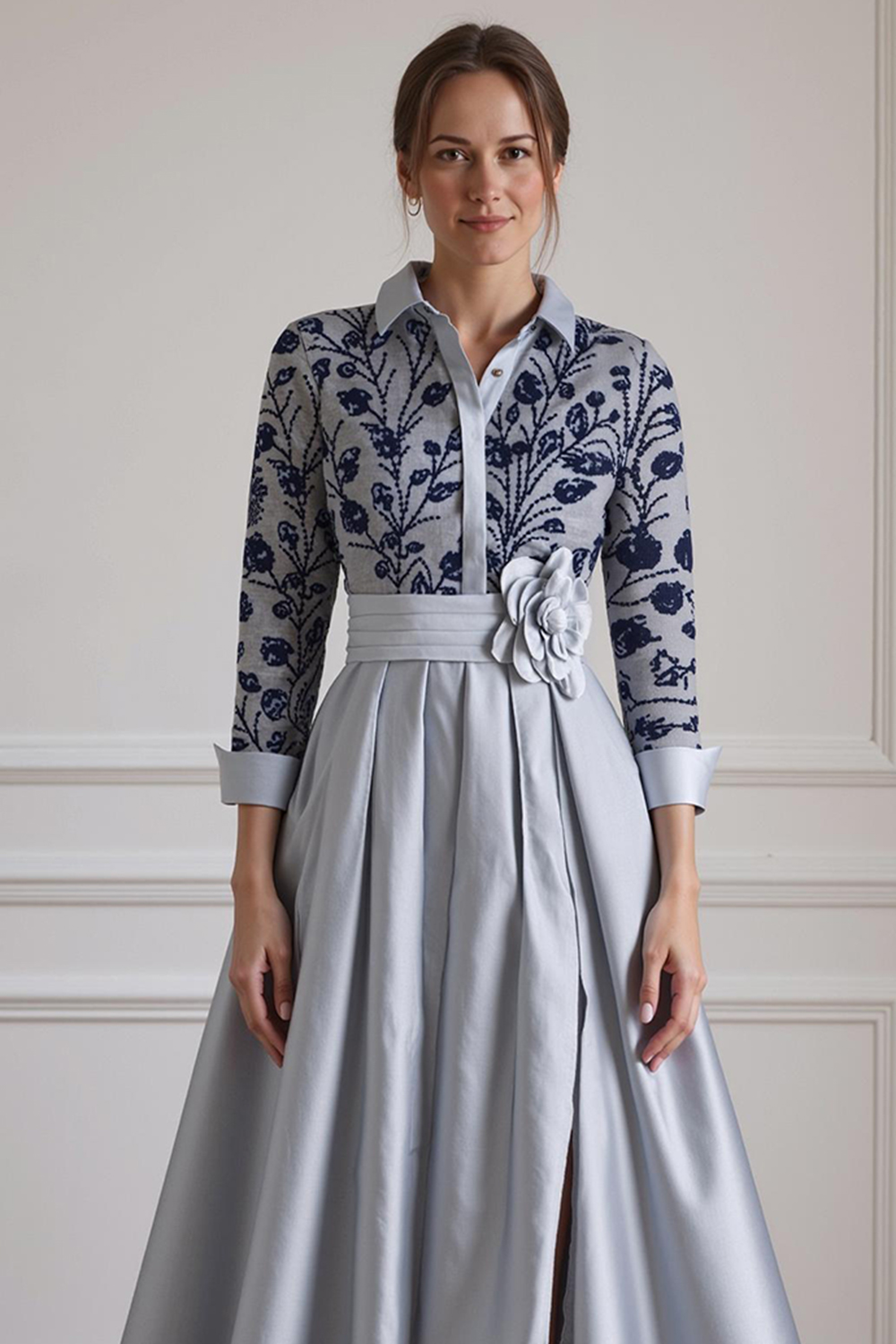 Silver Lapel A Line Floor-Length Mother of the Bride Dress