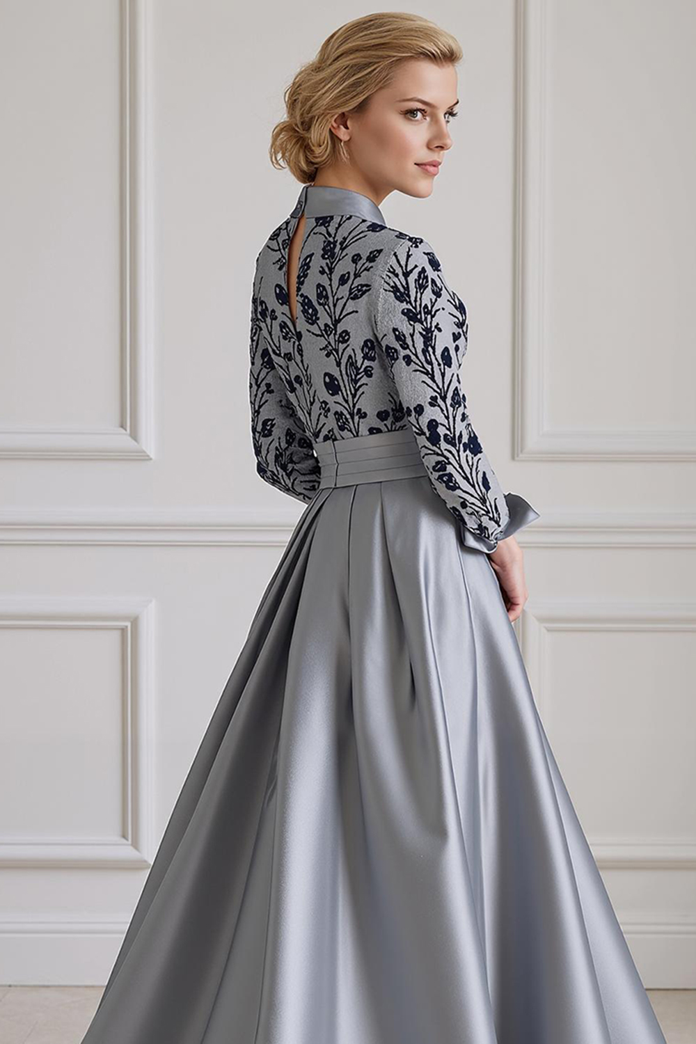 Silver Lapel A Line Floor-Length Mother of the Bride Dress