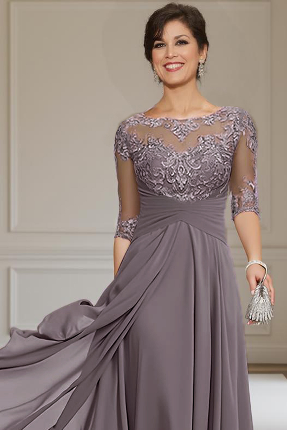 Purple Chiffon Bateau Neck Ankle-Length Mother of the Bride Dress with Lace