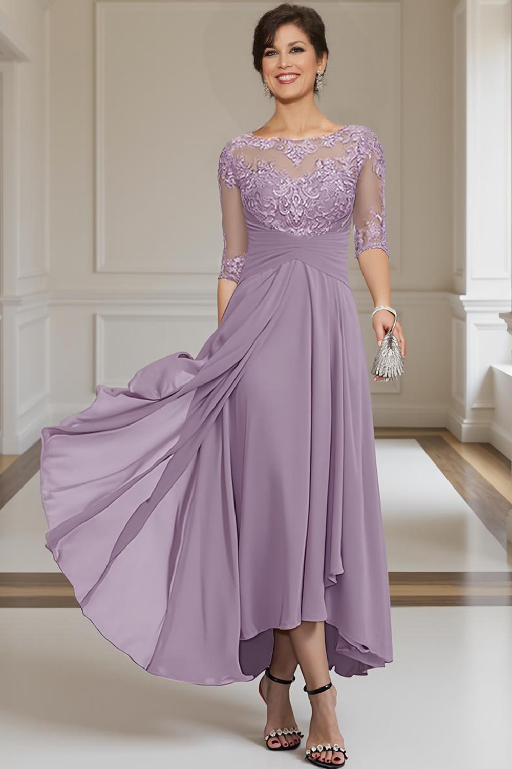 Purple Chiffon Bateau Neck Ankle-Length Mother of the Bride Dress with Lace