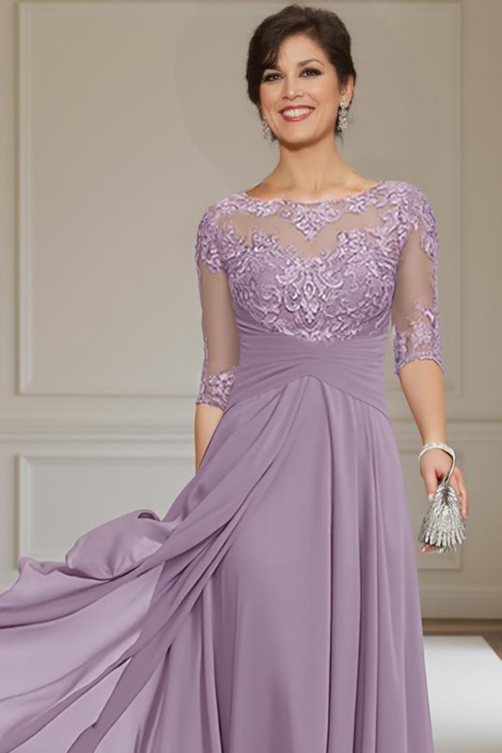 Purple Chiffon Bateau Neck Ankle-Length Mother of the Bride Dress with Lace