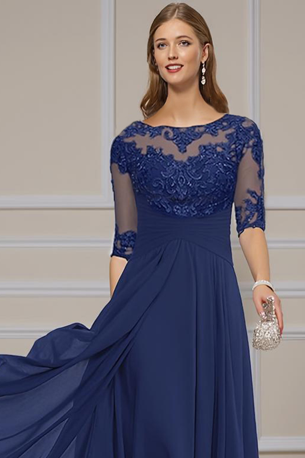 Purple Chiffon Bateau Neck Ankle-Length Mother of the Bride Dress with Lace