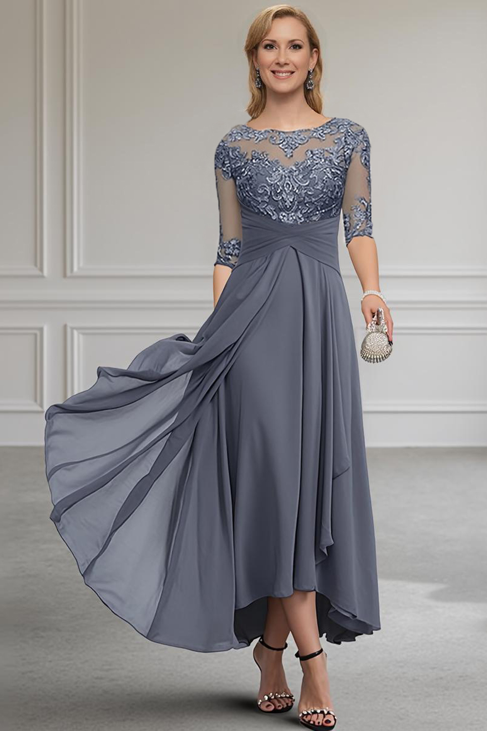 Purple Chiffon Bateau Neck Ankle-Length Mother of the Bride Dress with Lace