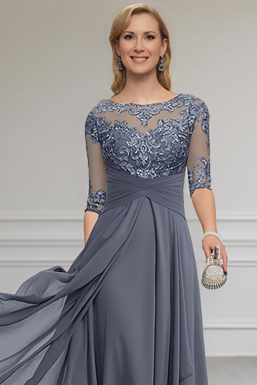 Purple Chiffon Bateau Neck Ankle-Length Mother of the Bride Dress with Lace