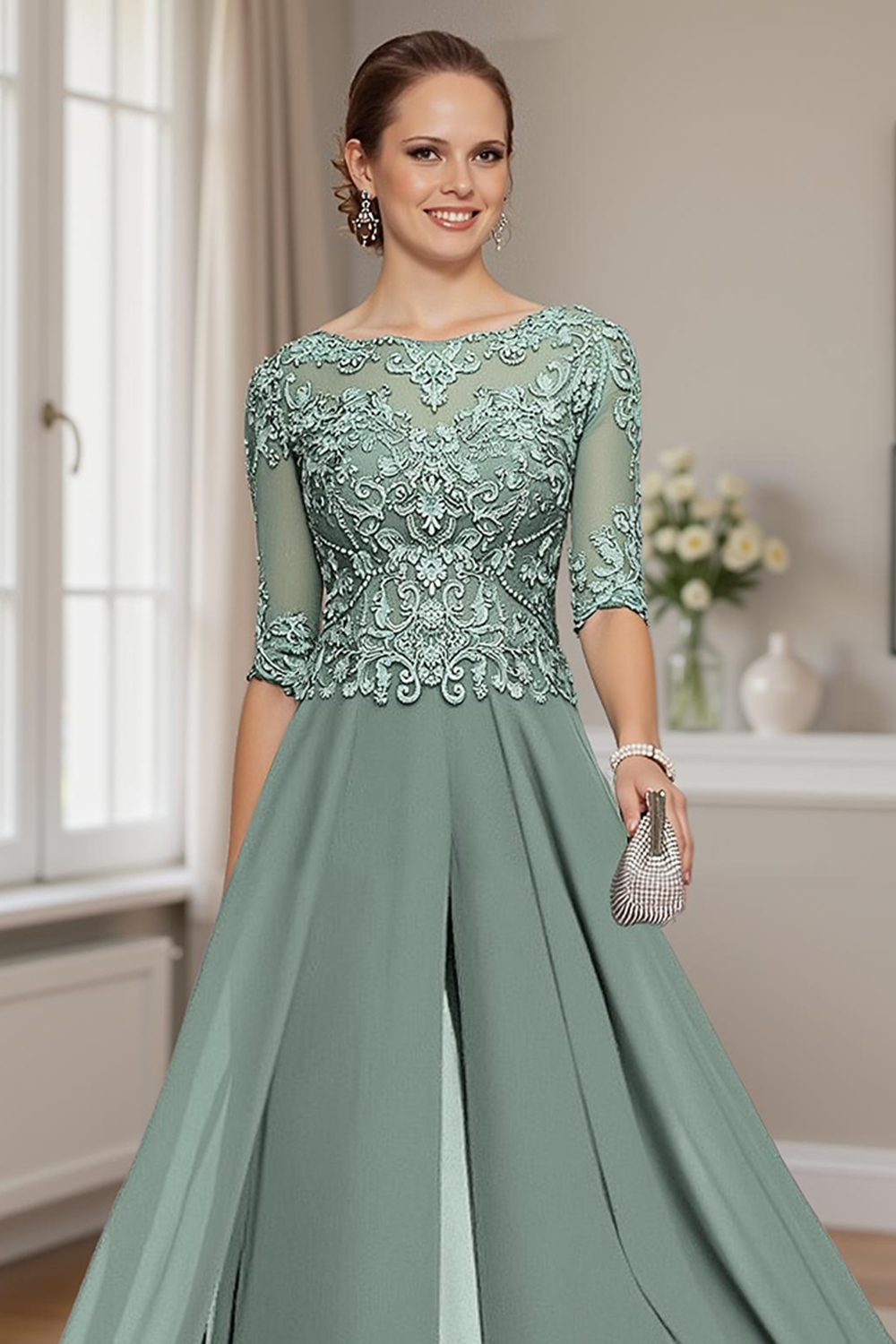 Eucalyptus Boat Neck Mother of the Bride Jumpsuit with Cape