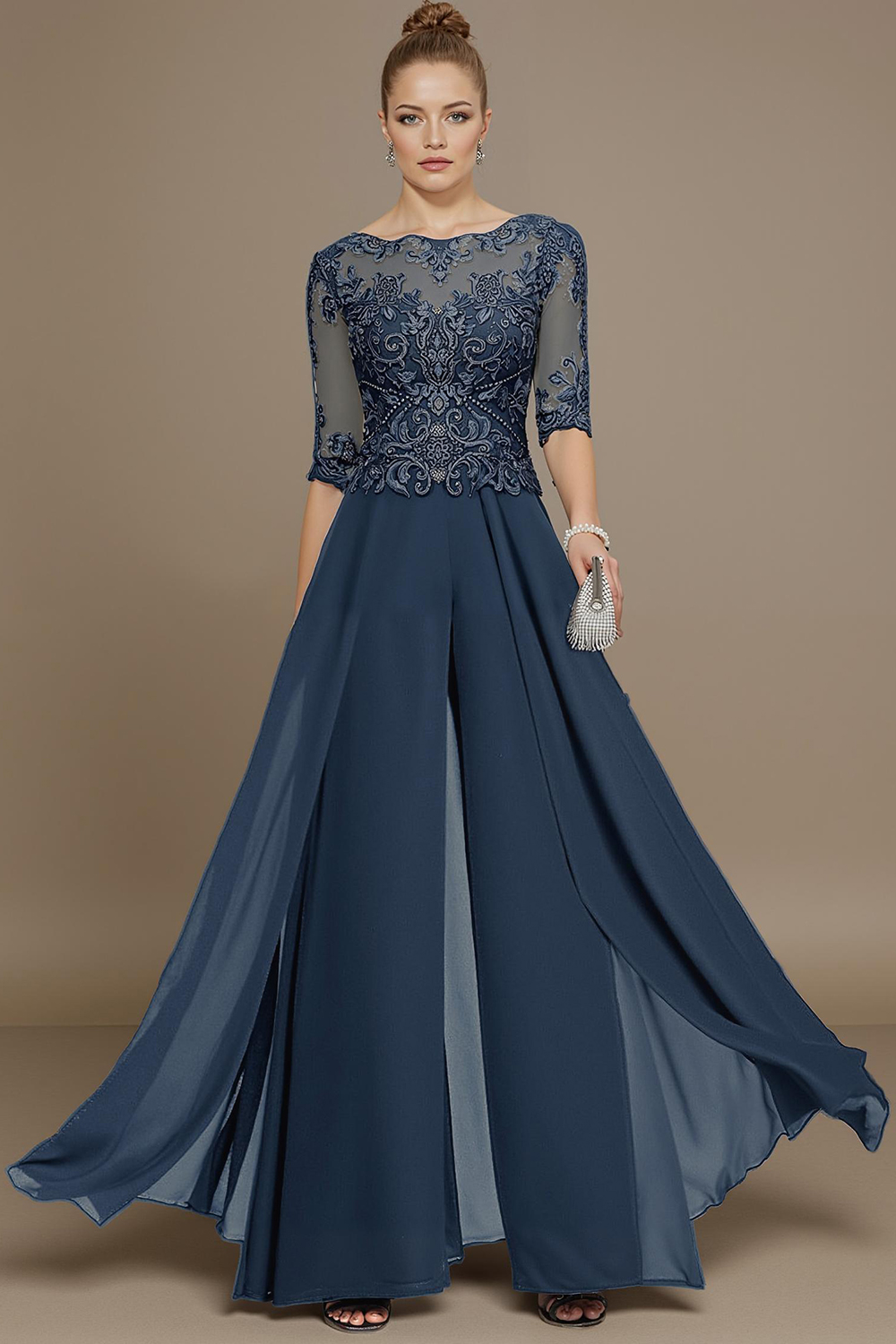 Eucalyptus Boat Neck Mother of the Bride Jumpsuit with Cape